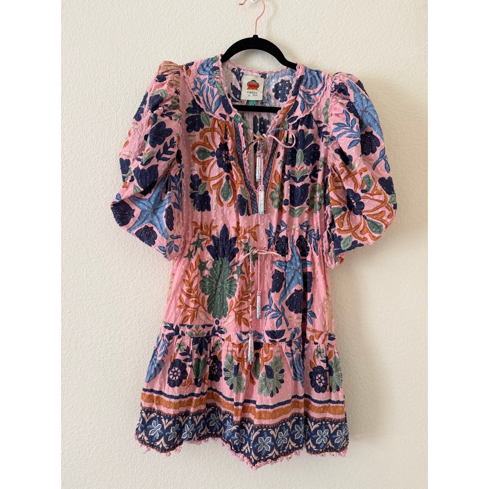 Farm Rio Seashell Tapestry Cotton Mini Dress Pink Floral Puff Sleeve Boho Small - Picture 2 of 8
